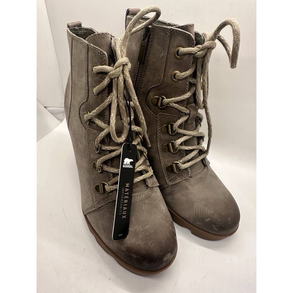 Sorel Joan Uptown Lace Zip Waterproof Leather Boots Womens 7 Khaki II